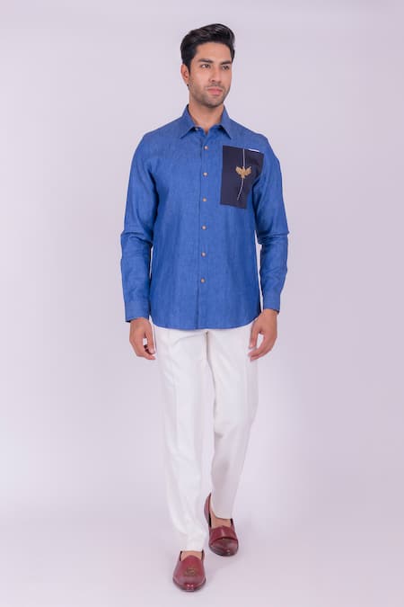 Design O Stitch_Blue Cotton, Linen Embroidery Bird Shirt For Kids_Online_at_Aza_Fashions