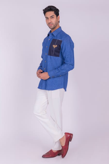 Buy_Design O Stitch_Blue Cotton, Linen Embroidery Bird Shirt For Kids_Online_at_Aza_Fashions