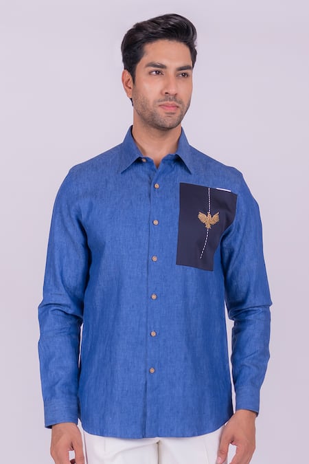 Shop_Design O Stitch_Blue Cotton, Linen Embroidery Bird Shirt For Kids_Online_at_Aza_Fashions
