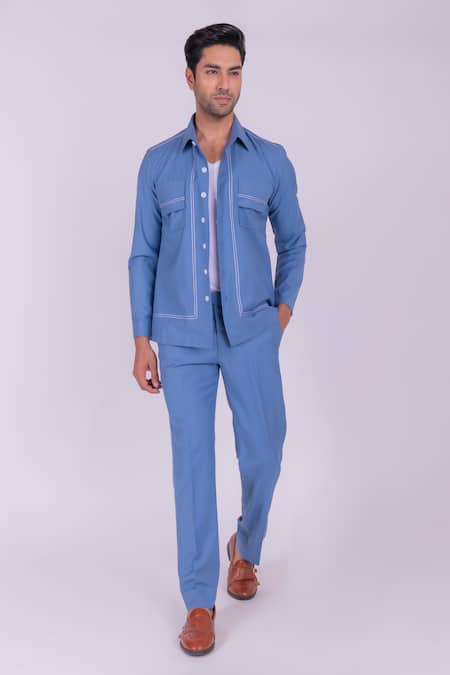 Design O Stitch_Blue Cotton Embroidery Mosaic Shirt For Kids_Online_at_Aza_Fashions