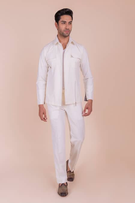 Design O Stitch_Cream Cotton Embroidery Digital Print Flap Pocket Shirt For Kids_Online_at_Aza_Fashions