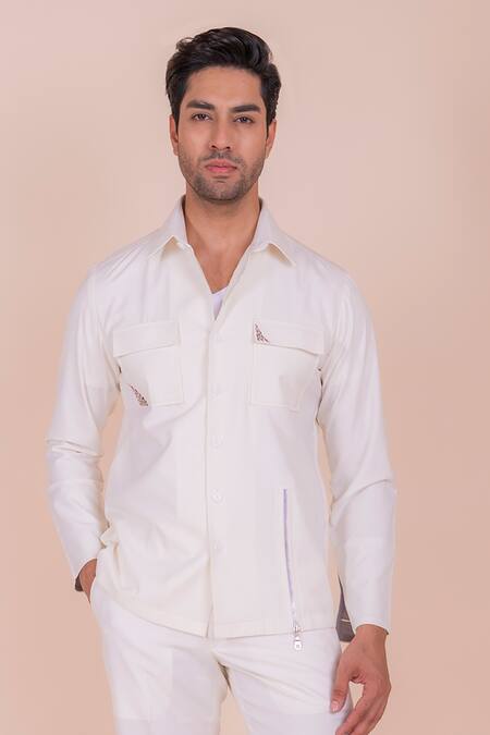 Buy_Design O Stitch_Cream Cotton Embroidery Digital Print Flap Pocket Shirt For Kids_Online_at_Aza_Fashions