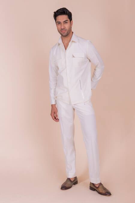 Shop_Design O Stitch_Cream Cotton Embroidery Digital Print Flap Pocket Shirt For Kids_Online_at_Aza_Fashions