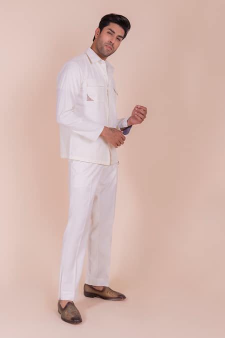 Design O Stitch_Cream Cotton Embroidery Digital Print Flap Pocket Shirt For Kids_at_Aza_Fashions