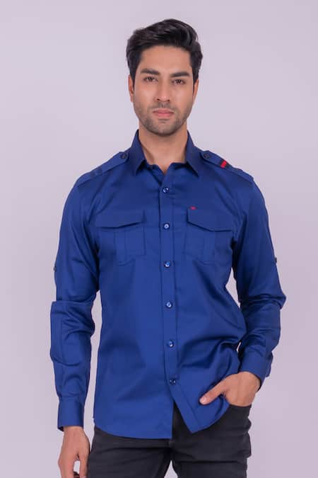 Design O Stitch_Blue Cotton, Denim Flap Pocket Shirt _Online_at_Aza_Fashions