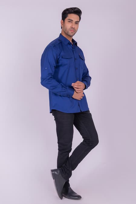 Buy_Design O Stitch_Blue Cotton, Denim Flap Pocket Shirt _Online_at_Aza_Fashions