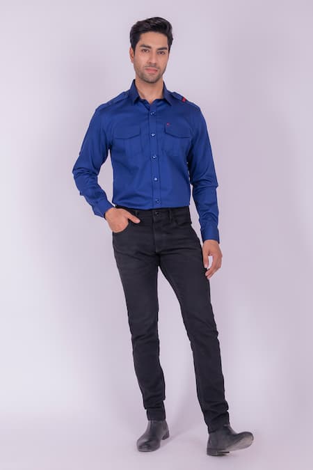 Shop_Design O Stitch_Blue Cotton, Denim Flap Pocket Shirt _Online_at_Aza_Fashions
