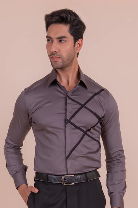 Shop_Design O Stitch_Gray Cotton Grey Cross Pattern Full Sleeve Shirt For Kids_Online_at_Aza_Fashions