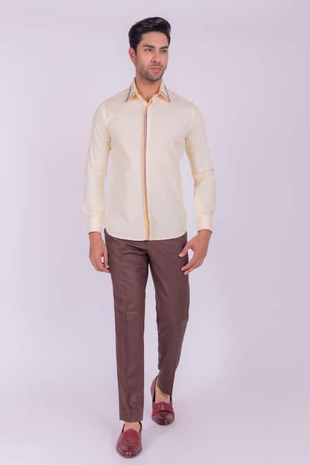 Design O Stitch_Yellow Cotton Lace Embroidered Placket Shirt For Kids_Online_at_Aza_Fashions