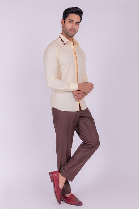 Shop_Design O Stitch_Yellow Cotton Lace Embroidered Placket Shirt For Kids_Online_at_Aza_Fashions