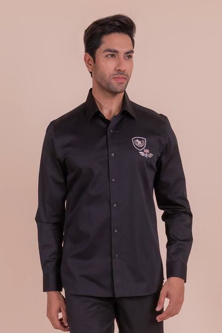 Design O Stitch_Black Cotton Zari, Embroidery Motif Shirt For Kids_Online_at_Aza_Fashions