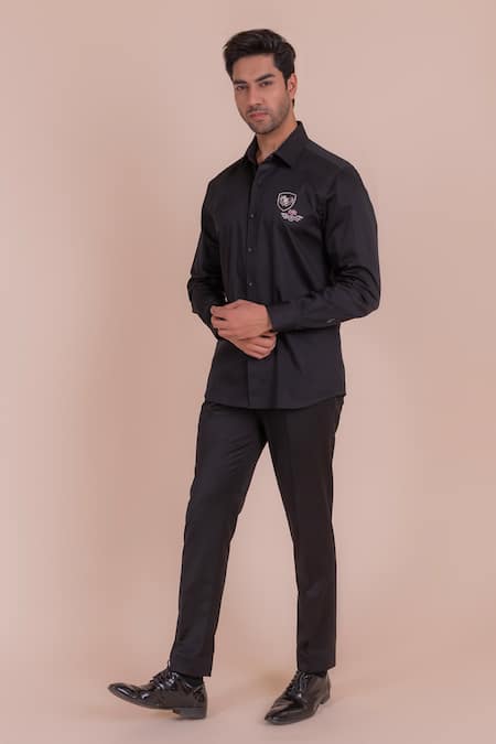 Buy_Design O Stitch_Black Cotton Zari, Embroidery Motif Shirt For Kids_Online_at_Aza_Fashions