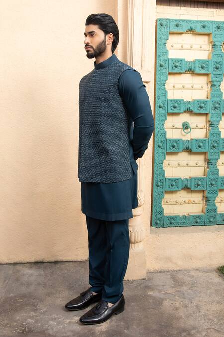 Design O Stitch_Blue Cotton, Satin Applique, Embroidery Geometric Bundi Kurta Set For Kids_Online_at_Aza_Fashions