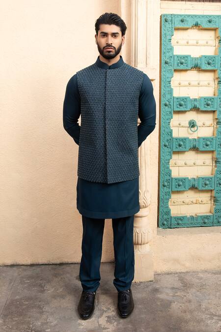 Buy_Design O Stitch_Blue Cotton, Satin Applique, Embroidery Geometric Bundi Kurta Set For Kids_Online_at_Aza_Fashions