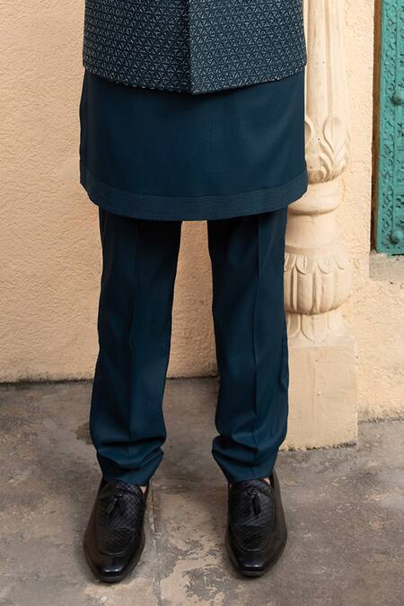 Shop_Design O Stitch_Blue Cotton, Satin Applique, Embroidery Geometric Bundi Kurta Set For Kids_Online_at_Aza_Fashions