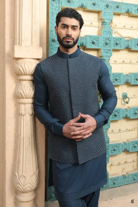 Design O Stitch_Blue Cotton, Satin Applique, Embroidery Geometric Bundi Kurta Set For Kids_at_Aza_Fashions