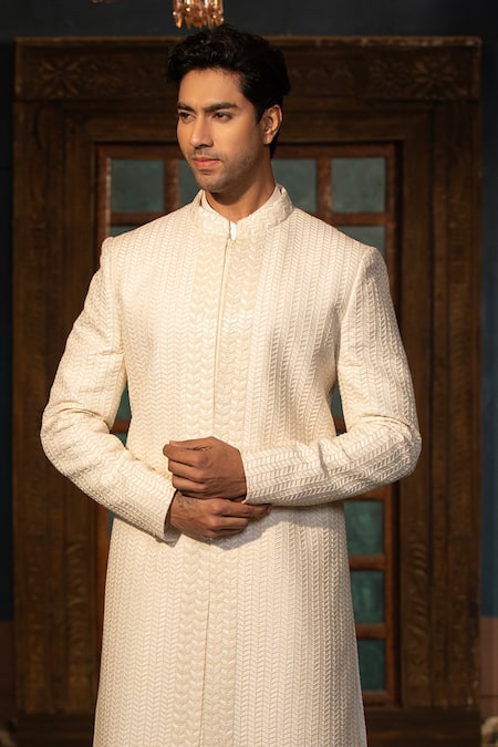Shop_Design O Stitch_Ivory Cotton, Suede, Satin Embroidery Geometric Hand Sherwani Set For Kids_Online_at_Aza_Fashions