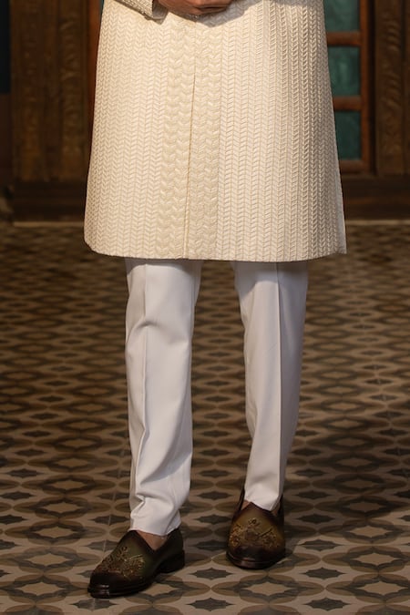 Design O Stitch_Ivory Cotton, Suede, Satin Embroidery Geometric Hand Sherwani Set For Kids_at_Aza_Fashions