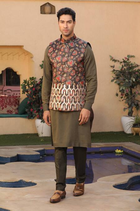 Design O Stitch_Green Silk Embroidery Floral Print Bundi Kurta Set For Kids_Online_at_Aza_Fashions