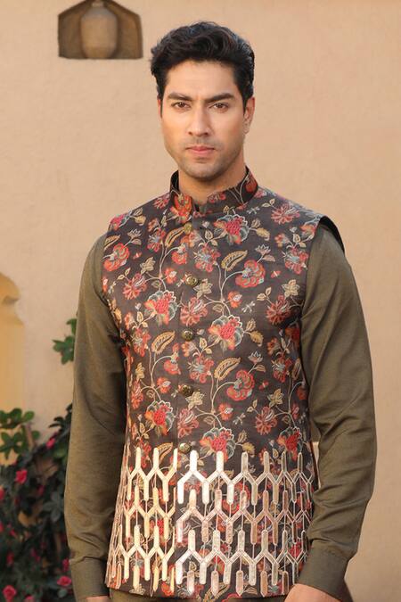 Shop_Design O Stitch_Green Silk Embroidery Floral Print Bundi Kurta Set For Kids_Online_at_Aza_Fashions