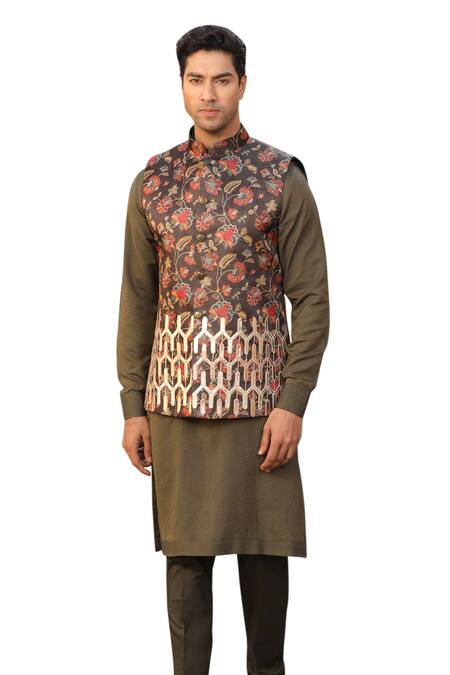 Design O Stitch_Green Silk Embroidery Floral Print Bundi Kurta Set For Kids_at_Aza_Fashions