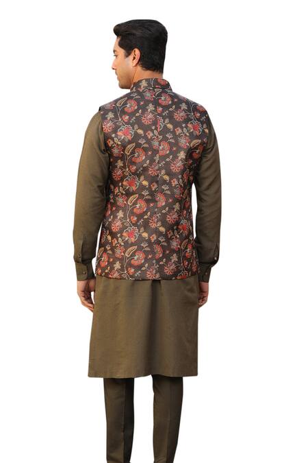 Shop_Design O Stitch_Green Silk Embroidery Floral Print Bundi Kurta Set For Kids