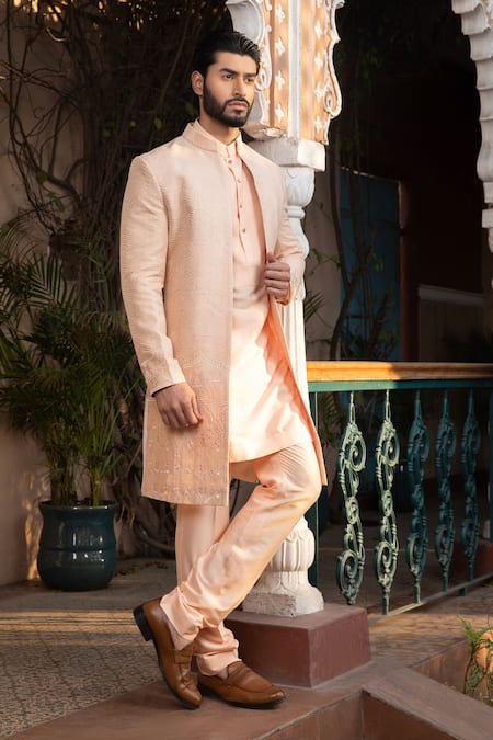 Design O Stitch_Peach Brocade Embroidery Heritage Elephant Sherwani Set For Kids_Online_at_Aza_Fashions