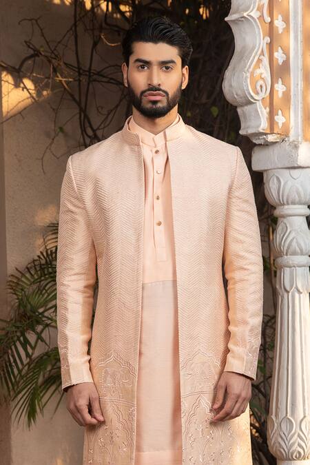 Shop_Design O Stitch_Peach Brocade Embroidery Heritage Elephant Sherwani Set For Kids_Online_at_Aza_Fashions