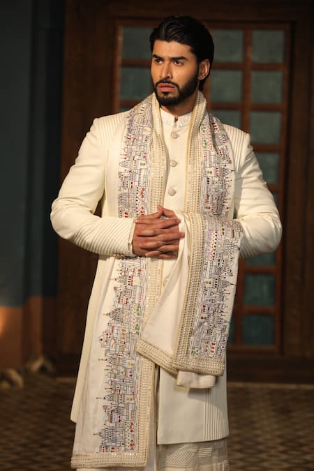 Shop_Design O Stitch_Ivory Suede, Satin, Cotton, Chiffon Embroidery Pintuck Pattern Sherwani Set For Kids_Online_at_Aza_Fashions