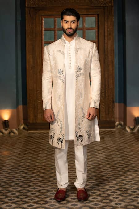 DESIGN O STITCH Floral Applique Sherwani Jacket Pant Set 