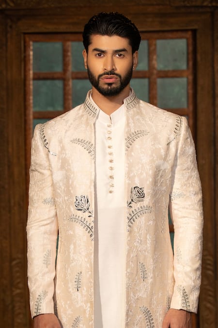Design O Stitch_Ivory Silk Applique, Embroidery Floral Sherwani Set For Kids_Online_at_Aza_Fashions