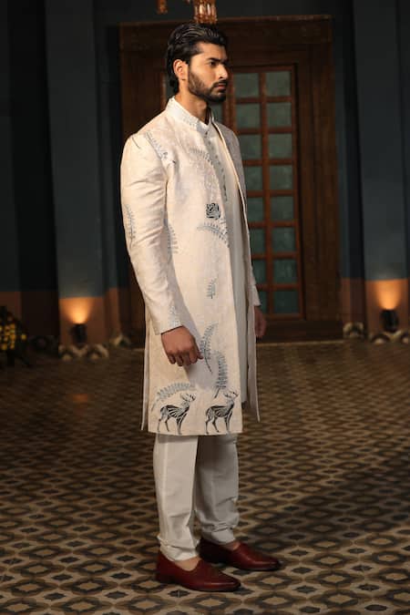 Shop_Design O Stitch_Ivory Silk Applique, Embroidery Floral Sherwani Set For Kids_Online_at_Aza_Fashions