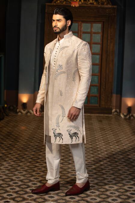 Design O Stitch_Ivory Silk Applique, Embroidery Floral Sherwani Set For Kids_at_Aza_Fashions