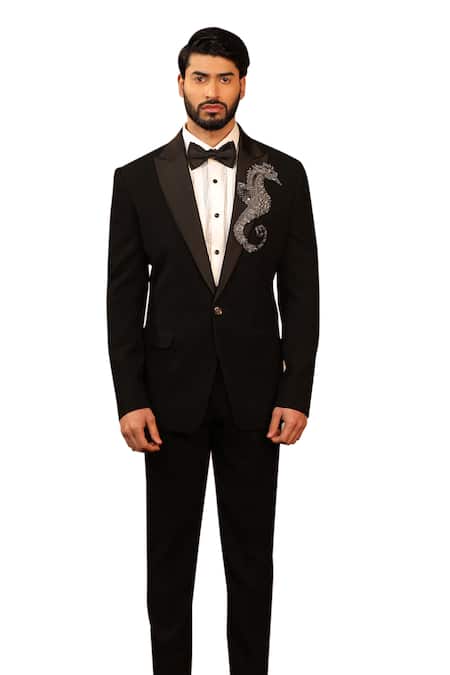 Shop_Design O Stitch_Black Suede Embroidery Snout Horse Tuxedo Set For Kids_Online_at_Aza_Fashions