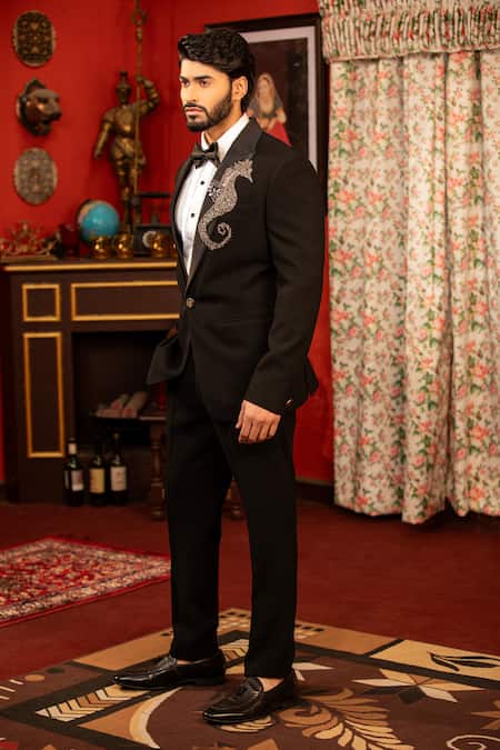 Design O Stitch_Black Suede Embroidery Snout Horse Tuxedo Set For Kids_at_Aza_Fashions