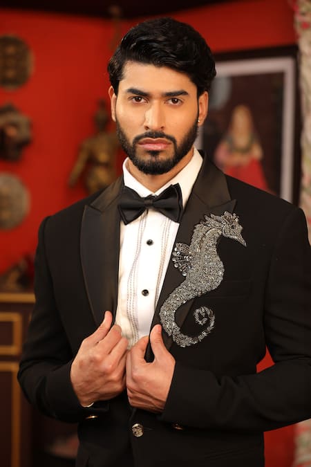 Buy_Design O Stitch_Black Suede Embroidery Snout Horse Tuxedo Set For Kids