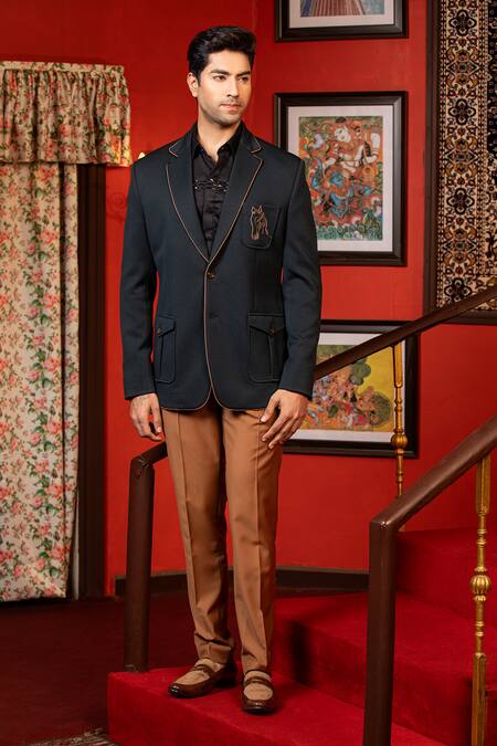 Design O Stitch_Green Denim, Suede Embroidery Horse Blazer And Pant Set For Kids_Online_at_Aza_Fashions