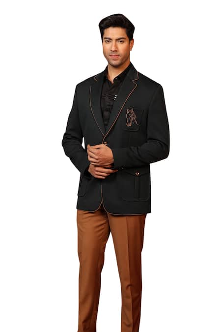 Buy_Design O Stitch_Green Denim, Suede Embroidery Horse Blazer And Pant Set For Kids_Online_at_Aza_Fashions
