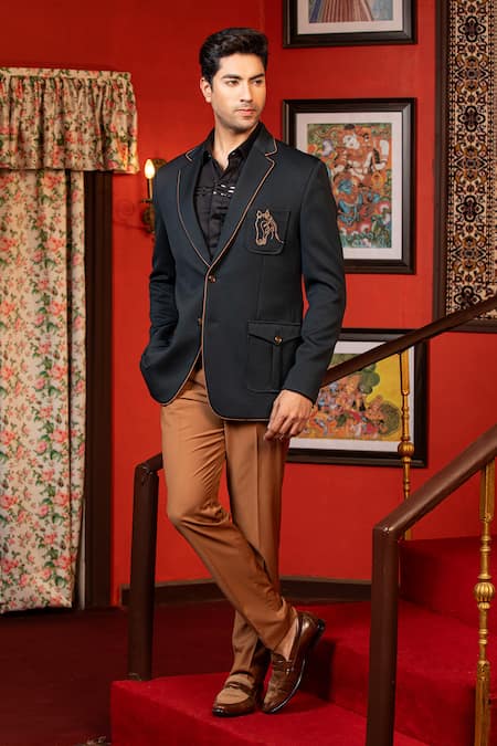 Shop_Design O Stitch_Green Denim, Suede Embroidery Horse Blazer And Pant Set For Kids_Online_at_Aza_Fashions