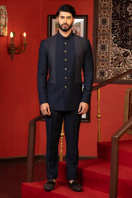 Buy_Design O Stitch_Blue Suede Textured Bandhgala Set For Kids For Kids_Online_at_Aza_Fashions