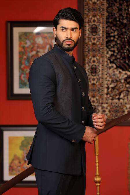 Buy_Design O Stitch_Blue Suede Textured Bandhgala Set For Kids For Kids