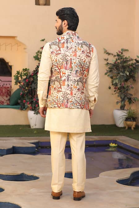 Shop Design O Stitch Cream Silk Embroidery Pichwai Art Print Bundi Kurta Set at Aza Fashions Shop_Design O Stitch_Cream Silk Embroidery Pichwai Art Print Bundi Kurta Set_at_Aza_Fashions