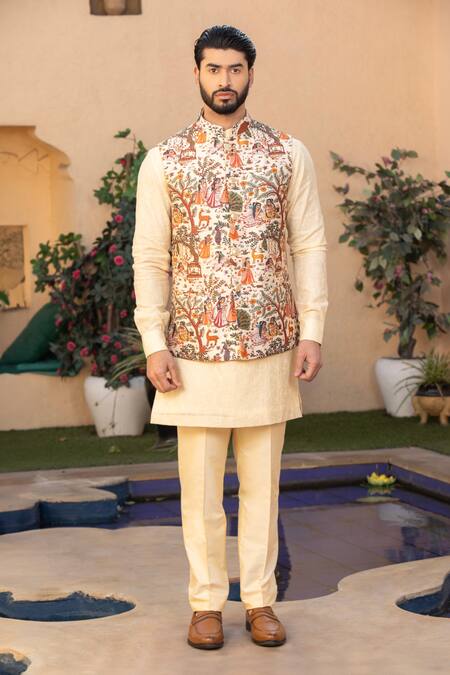 Design O Stitch Cream Silk Embroidery Pichwai Art Print Bundi Kurta Set Online at Aza Fashions Design O Stitch_Cream Silk Embroidery Pichwai Art Print Bundi Kurta Set_Online_at_Aza_Fashions