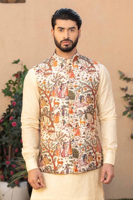 Buy Design O Stitch Cream Silk Embroidery Pichwai Art Print Bundi Kurta Set Online at Aza Fashions Buy_Design O Stitch_Cream Silk Embroidery Pichwai Art Print Bundi Kurta Set_Online_at_Aza_Fashions