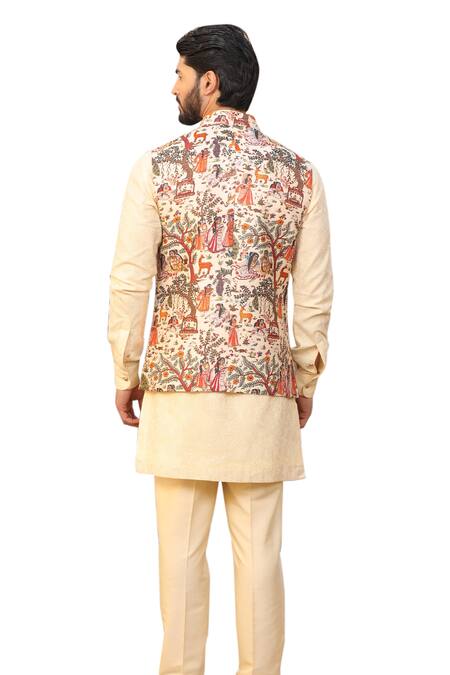 Shop Design O Stitch Cream Silk Embroidery Pichwai Art Print Bundi Kurta Set Shop_Design O Stitch_Cream Silk Embroidery Pichwai Art Print Bundi Kurta Set
