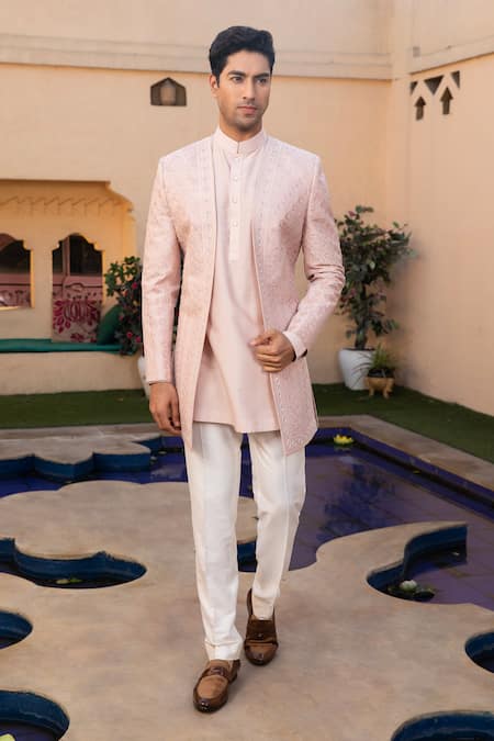 DESIGN O STITCH Pink Cotton Silk Hand Embroidery Rosette Sherwani Pant Set 