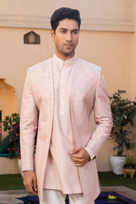 Design O Stitch_Pink Cotton, Silk Embroidery Geometric Rosette Sherwani Pant Set For Kids_Online_at_Aza_Fashions