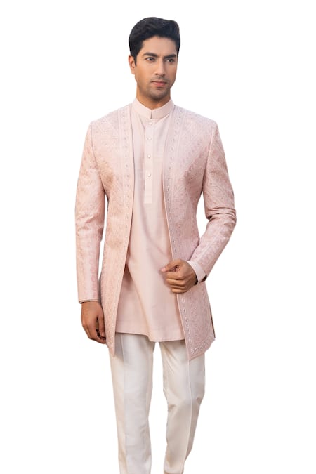 Shop_Design O Stitch_Pink Cotton, Silk Embroidery Geometric Rosette Sherwani Pant Set For Kids_Online_at_Aza_Fashions