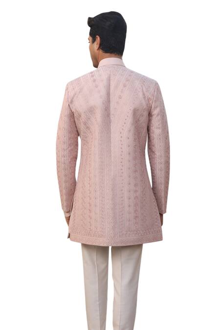 Buy_Design O Stitch_Pink Cotton, Silk Embroidery Geometric Rosette Sherwani Pant Set For Kids