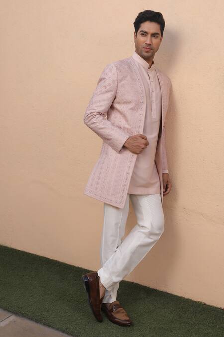 Shop_Design O Stitch_Pink Cotton, Silk Embroidery Geometric Rosette Sherwani Pant Set For Kids